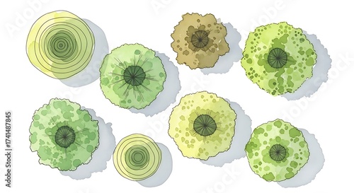 Detailed Watercolor Trees (Top View) for Architectural Plans. Landscape Design, Site Plan, Overhead View, & CAD Drafting Elements.

