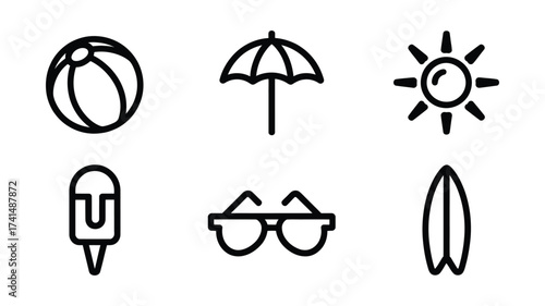 Vector art of summer icons featuring beach ball, umbrella, sun, ice cream, sunglasses, and surfboard for vacation themes