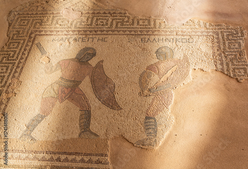 Mosaic of two gladiators in the House of the Gladiators of an ancient Greek city-state called Kourion on the island of Cyprus