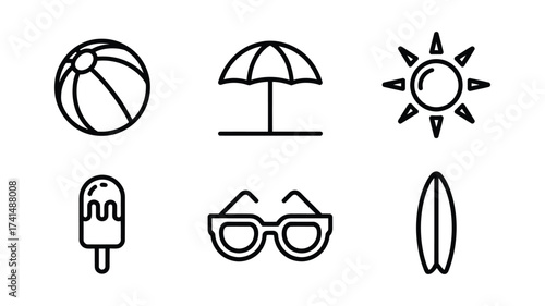 Vector art of summer icons featuring beach ball, umbrella, sun, ice cream, sunglasses, and surfboard for vacation themes