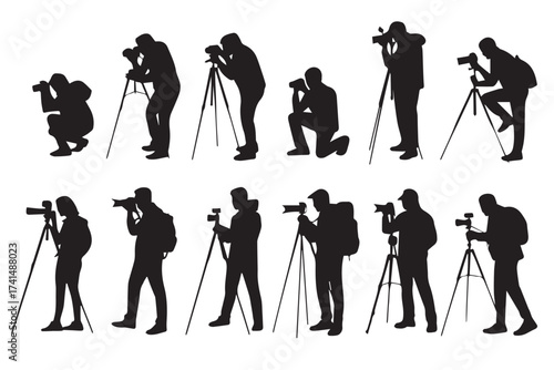 minimal photographer silhouettes vector pack eleven poses camera tripod composition for marketing editorial and web use