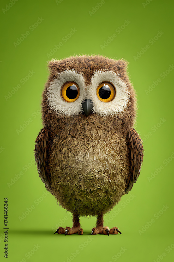 Fototapeta premium Cute cartoon owl with big eyes standing on a vibrant green background, showcasing its fluffy feathers