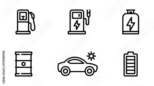 Vector art of electric car and charging station icon set contains icons as gas station, electric charger, battery, barrel, car