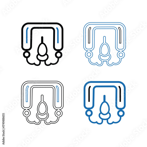 Four stylized glyphs representing a mayan calendar symbol in different outline styles and colors