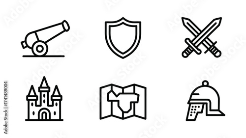 Vector Illustration of cannon, shield, sword, castle, map, and helmet, perfect for history or strategy game themes