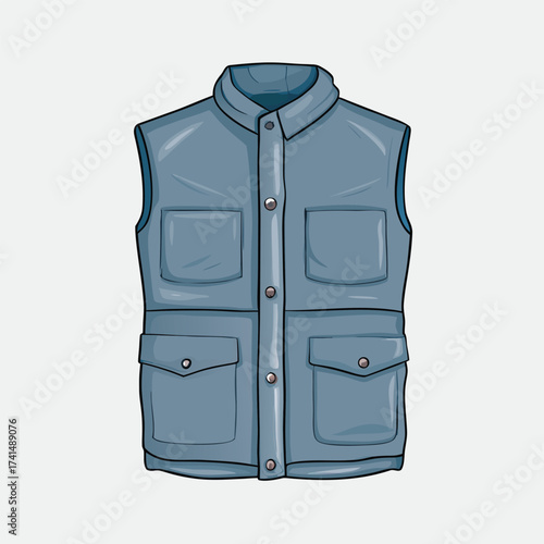 Vector illustration Blue utility vest with four pockets and button closure clothing