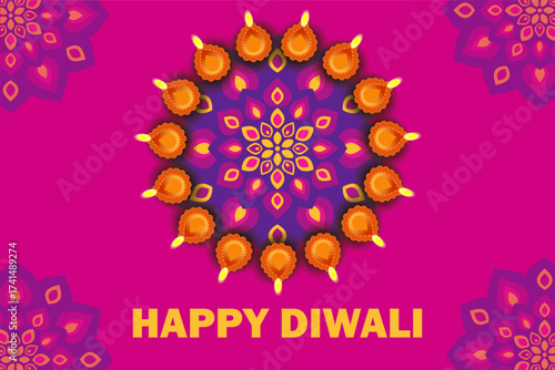 Happy Diwali Greeting with Decorative Rangoli and Traditional Diyas on Pink Background