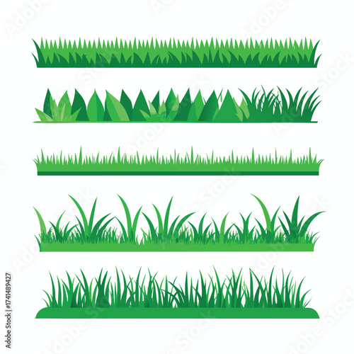 Vector illustration Five green grass borders with different styles and shades nature