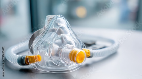 Detailed view of a medical respiratory mask with tubing isolated on a light background