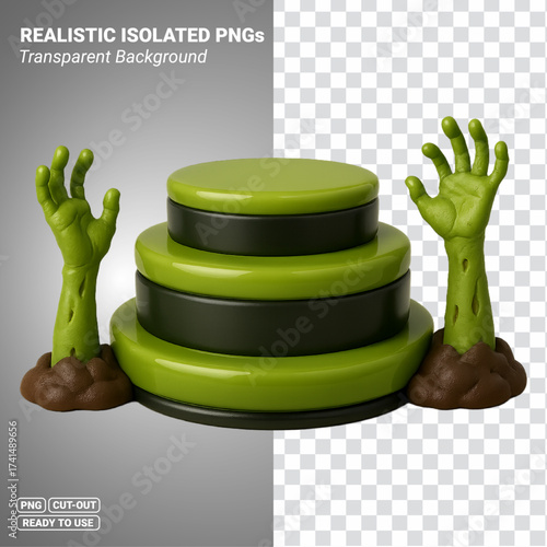 Halloween podium with zombie hands green and black round display stand 3D render Transparent PNG file ready to be used.