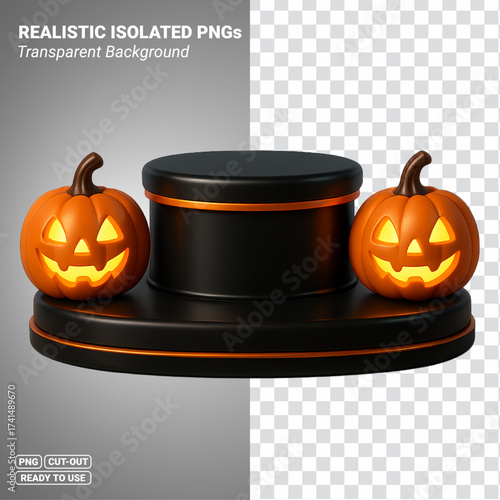 Halloween podium with two jack o lantern pumpkins black round display stage 3D render Transparent PNG file ready to be used.