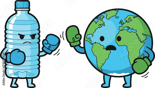 Plastic bottle pollution fighting earth, environmental cartoon illustration, global warming awareness design, sustainability eco problem art, save planet against waste, recycling, green