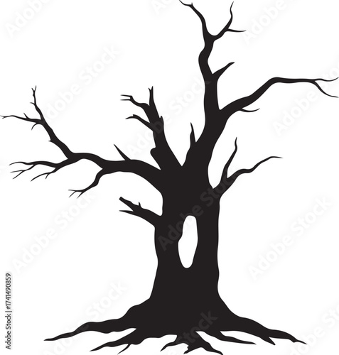 Dead Tree Silhouette Vector  Black and White Twisted Hollow Trunk Illustration
