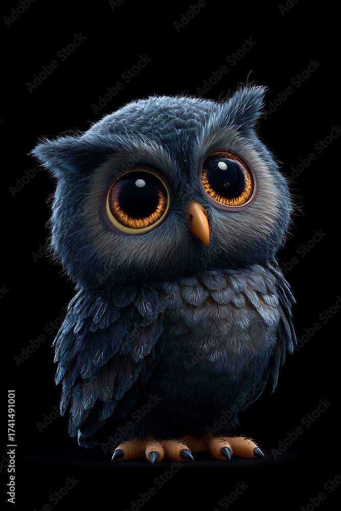 Obraz premium Adorable fluffy owl with large expressive eyes perched against a dark background, exuding charm