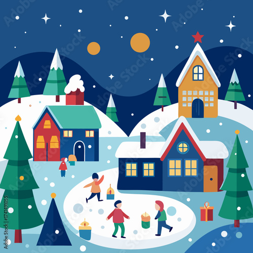 Charming winter holiday village scene illustration with snow covered houses festive lights and a peaceful snowy landscape perfect for seasonal greetings and decorations