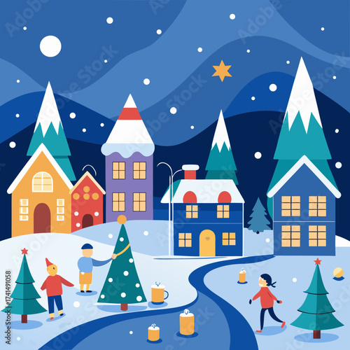 Charming winter village scene featuring snow covered houses festive lights and a peaceful snowy landscape perfect for holiday decorations and seasonal designs