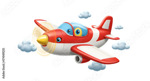Cartoon airplane flying in the sky cute red and white aircraft with clouds vector illustration for childrens books and educational materials