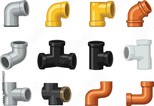 Plumbing pipe fittings set, metal elbow joints, PVC connectors, copper pipe bends, industrial water pipeline parts, vector illustration, construction plumbing tools, repair