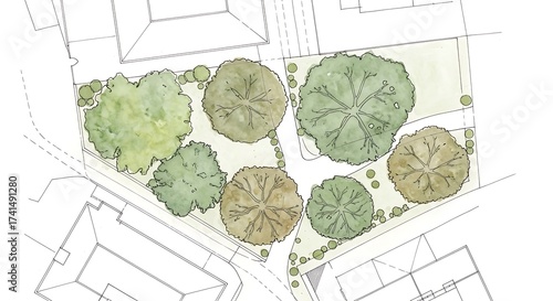 Detailed Watercolor Trees (Top View) for Architectural Plans. Landscape Design, Site Plan, Overhead View, & CAD Drafting Elements.

