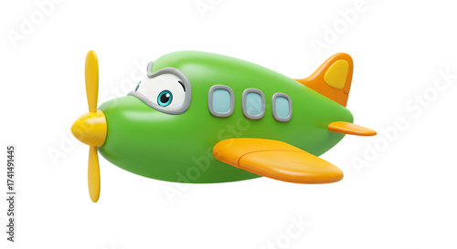 Cartoon airplane illustration green and yellow toy plane with eyes isolated on white background