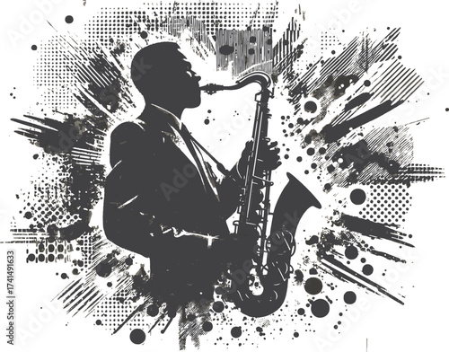 A high-contrast black and white silhouette shows a musician playing the saxophone, surrounded by a dynamic halftone dot background, conveying energy, rhythm, and urban artistic vibe