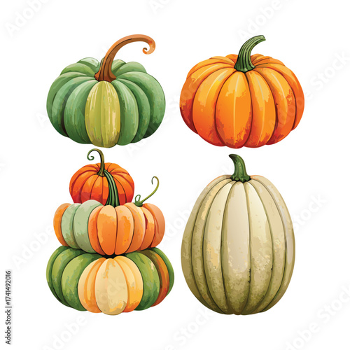 Vector illustration Four colorful pumpkins stacked and isolated on white background