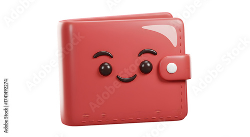 Cute red wallet with a smiling face 3D render illustration isolated on white background