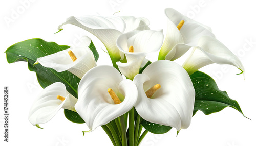 Close-up bouquet of pristine white calla lilies with lush green leaves