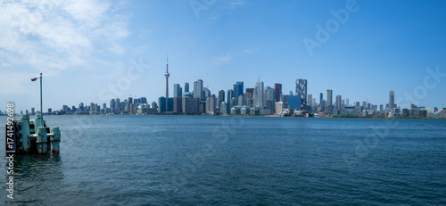 Panorama of Toronto skyline seen from Toronto Islands across Lake Ontario, Canada