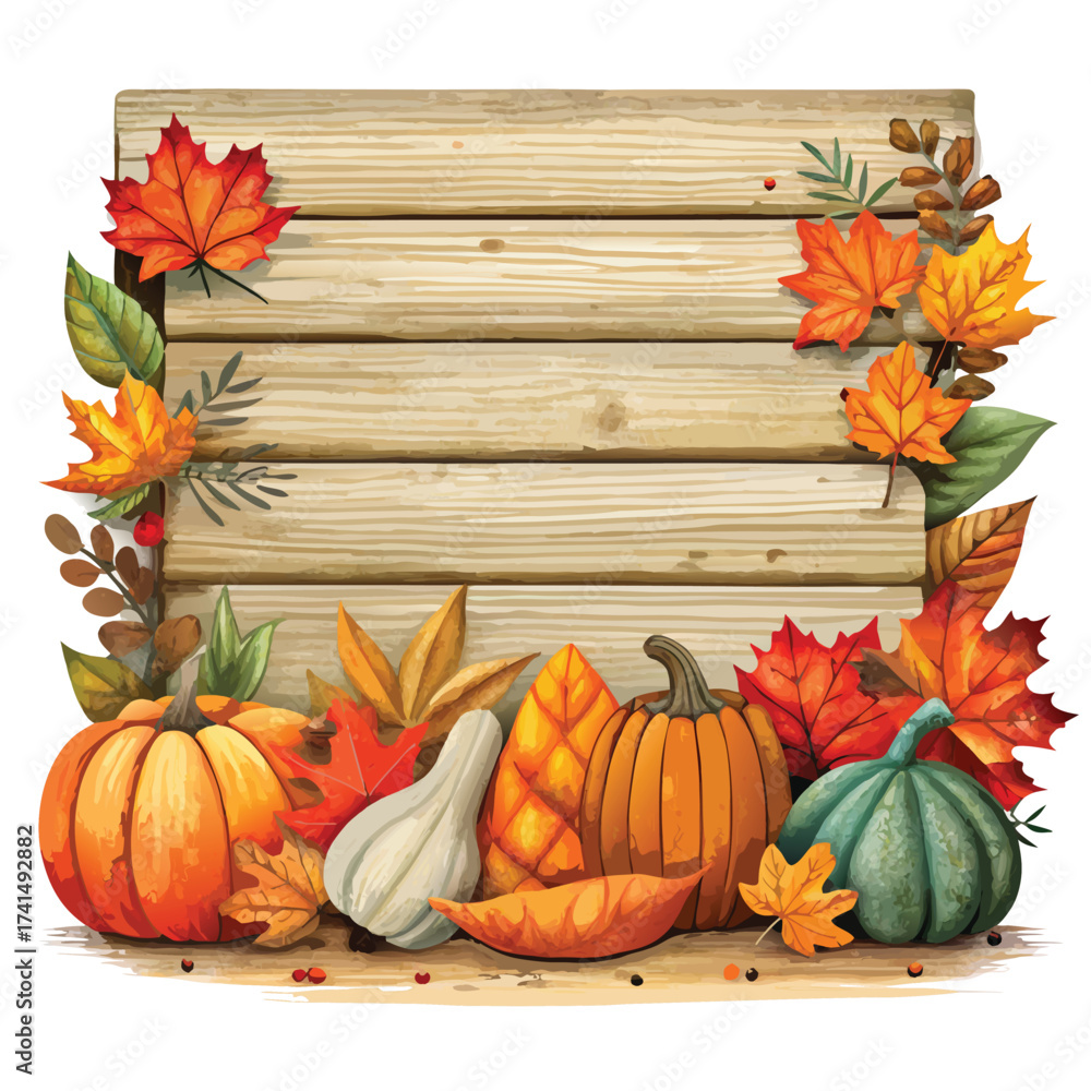 Vector illustration Autumn harvest pumpkins and colorful leaves on wooden planks
