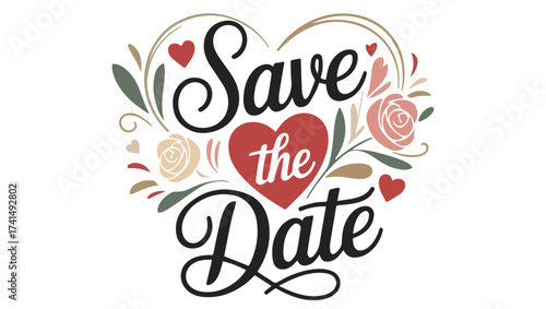 Save the Date, Romantic Floral Design, Heart and Roses for Wedding Invitations, Save the Date, wedding announcement, romantic typography, floral design,