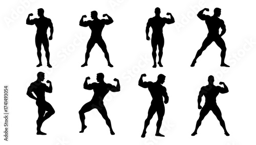 Bodybuilder Silhouette Set.Muscular Men Flexing Poses Collection, Fitness Vector Icons.