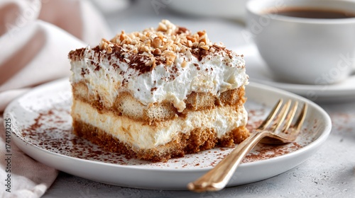 Wallpaper Mural Tiramisu portion styled with almond flakes, white porcelain plate, airy backdrop Torontodigital.ca