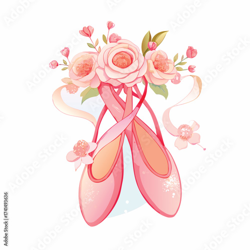 Vector illustration Pink ballet slippers with roses and ribbons watercolor illustration