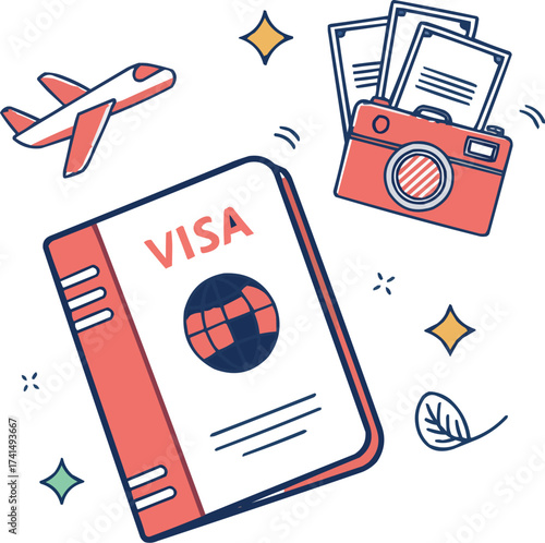 Travel visa and passport vector, tourism concept with airplane and camera illustration.