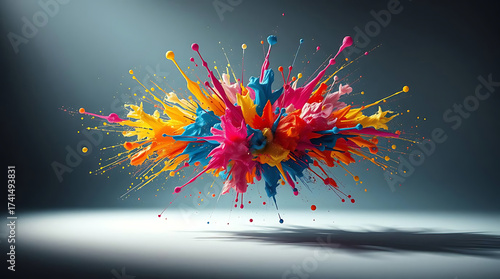 A stunning explosion of vibrant paint creates a dynamic and colorful abstract composition on a light surface