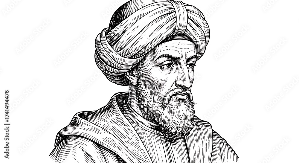 Fototapeta premium Averroes (Ibn Rushd) Linedrawing. Intricate Portrait on Minimalist Blank Space. Stoicism, Islamic Golden Age Philosophy & History.
