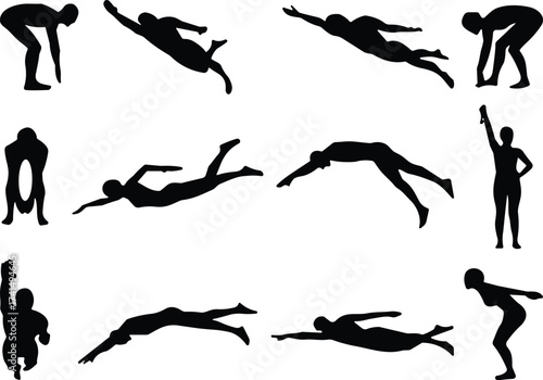 Swimming silhouette collection, freestyle, butterfly, backstroke, diving poses, aquatic motion, swimmer icon set, black vector, sports illustration, water activity
