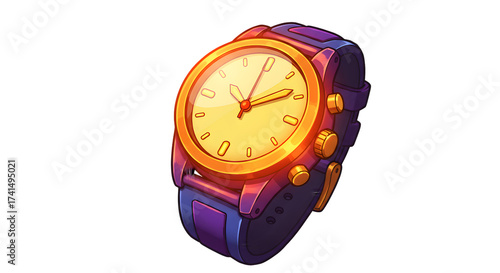 Cartoon wristwatch illustration colorful design with a gold face isolated on a white background