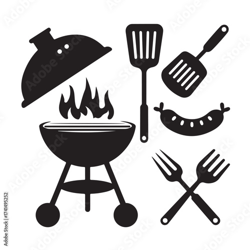 Set of Barbecue and Grilling Icons – BBQ Grill and Cooking Tools Silhouette Collection