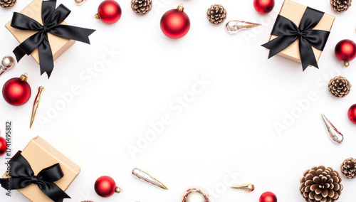 Photograph of a festive arrangement on a white background. Four beige gift boxes with black satin bows are positioned in the corners. Red Christmas ornaments, pine cones, and gold-tipped candy canes
