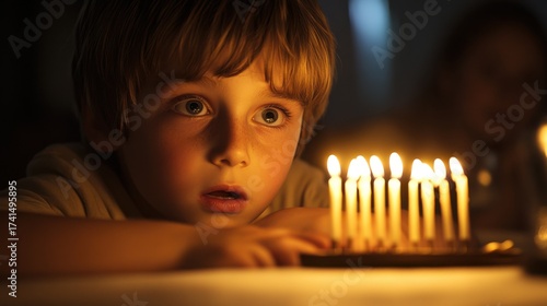 Wallpaper Mural Happy boy lights candles in menorah while celebrating Hanukkah with his family at dining table Torontodigital.ca