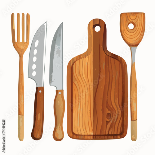 Vector illustration Wooden fork knives cutting board and spatula on white utensil