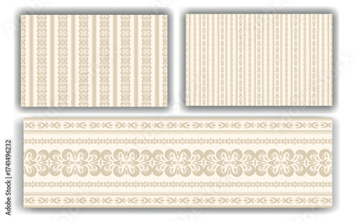 Set of wallpaper Seamless pattern. Monochrome beige background with vertical stripes in pastel color and a border molding in classic style European interiors. For high-end wallpaper, drapery, fabric.