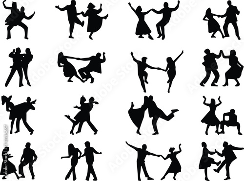 Dancing couple silhouette, black vector, swing pose, ballroom movement, jazz dance, romantic gesture, expressive motion, white background, grid layout