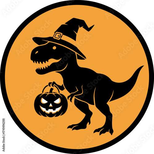 A black silhouette of a Tyrannosaurus Rex wearing a witch hat and holding a jack-o'-lantern candy bucket.