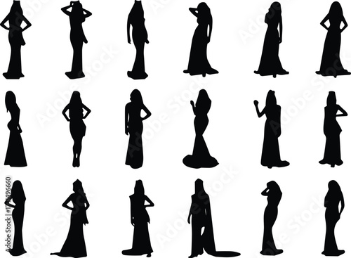 Silhouette, female figures, long dress, elegant pose, fashion model, black shape, graceful woman, standing lady, hairstyle, minimal art, shadow, feminine, stylish, abstract, beauty, char