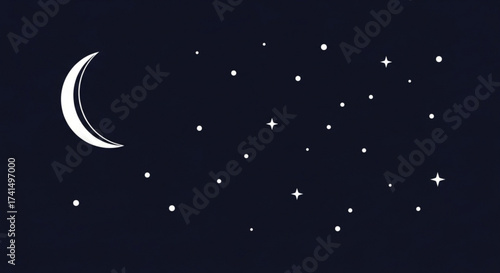 A tranquil night sky with a crescent moon and scattered stars, creating a peaceful and dreamy atmosphere