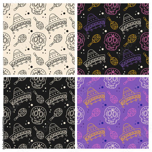 Day of the Dead seamless pattern. Colorful sugar skulls, sombreros and maracas on dark and light backgrounds. Mexican fiesta vector design.