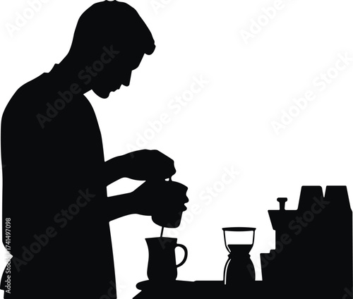 Silhouette, barista, coffee, brewing, morning, ritual, Chemex, grinder, espresso, kitchen, preparation, black and white, minimal, lifestyle, beverage, pour, steam, aroma, café, equipment